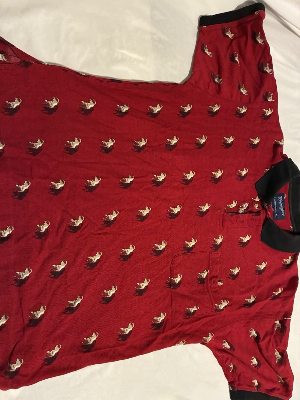 Vintage Wrangler Mens Western Polo Shirt All Over Print Bucking Bronco Red Xl